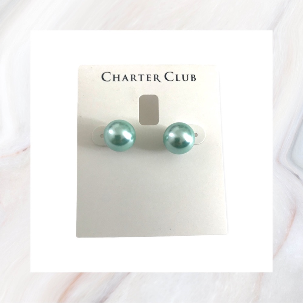 Charter Club Imitation Pearl 12mm Stud Earrings Aqua Blue NEW with Tag